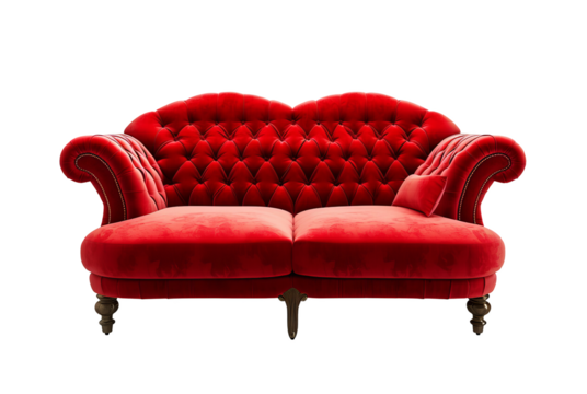 red couch with wooden legs isolated on transparent background