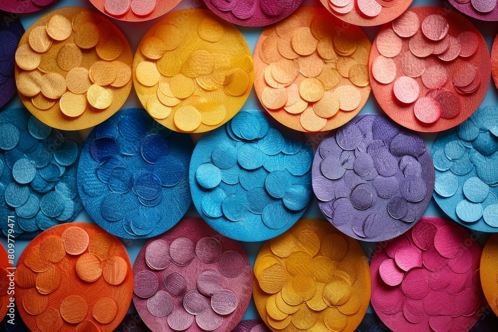 Poster overlapping leather circles in multiple colors highlighting texture, depth and craftsmanship