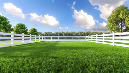 empty field with a white fence and trees in the background
