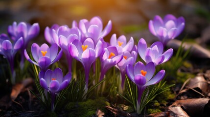 purple crocus flowers in spring, nature background