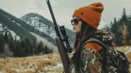 A woman wearing a camouflage jacket and an orange hat is holding a rifle