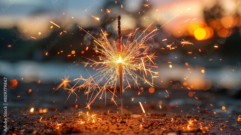 Poster a sharp image of a sparkler resting on the ground with fuzzy surroundings of tree lines and faraway 