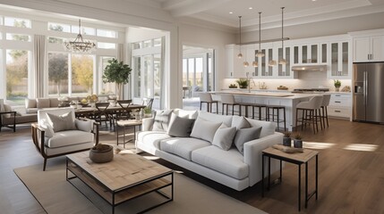 A Beautiful living room interior in new luxury home with open concept floor plan. Shows kitchen, dining room.