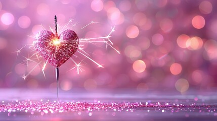  A heart-shaped sparkler sits atop a pink table, surrounded by purple wallpaper and pink decorations