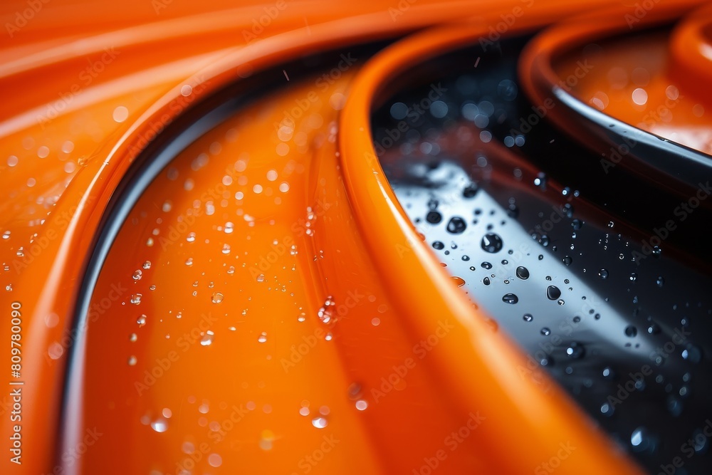 Poster an image capturing the dynamic movement of bright orange swirls with water droplets adding a sense o