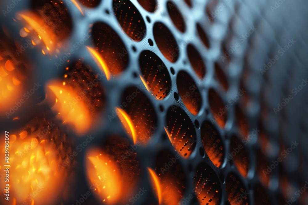 Aufkleber a close-up abstract image showing a fiery background seen through a perforated metallic grid, invoki