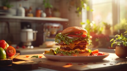 Delicious homemade burger with fresh vegetables and cheese on a wooden board in a sunlit kitchen setting.