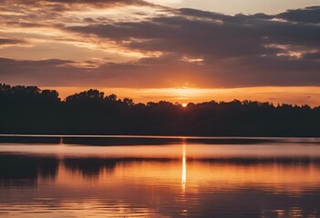 AI generated illustration of a lake surrounded by trees at sunset