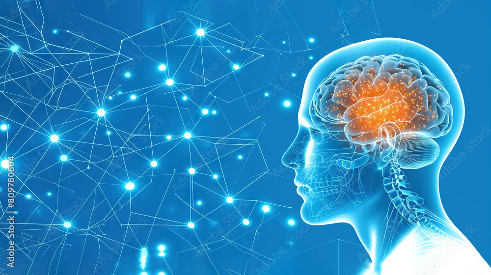Poster a man with a brain depicted in the middle of his head against a backdrop of interconnected dots