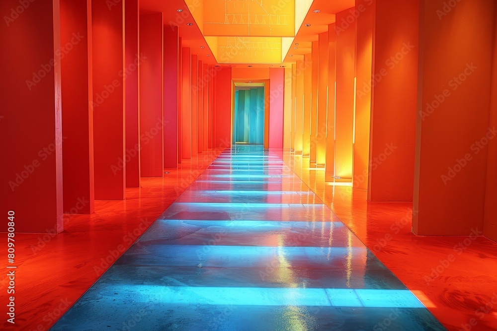 Aufkleber an eye-catching image with a dynamic orange-red corridor contrasting with a cool blue exit at the en