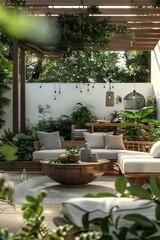 Modern outdoor living space, featuring green plants and wooden furniture