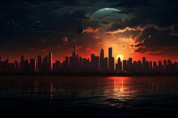 Obraz premium Picturesque Skyline city sunset lake. Modern urban. Generate Ai