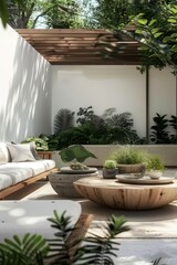 Modern outdoor living space, featuring green plants and wooden furniture