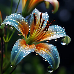 microscope lens, macro nature photography, Lily flower, beautiful, dew drops, abstract, lens blurred silhouette, variegated texture