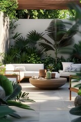 Modern outdoor living space, featuring green plants and wooden furniture
