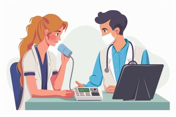 An illustration of a doctor using a pulse oximeter to measure oxygen levels in patients.