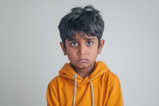 Indian little boy wearing sweat shirt and giving scared expression