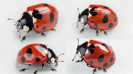 Four Ladybugs in Various Poses on a White Background, Perfect for Study, Detailed Illustration, Clear and Vivid Imagery. AI