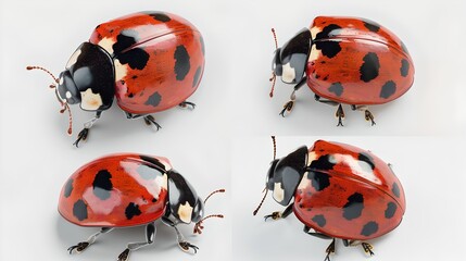 Fototapeta premium Four Ladybugs in Various Poses on a White Background, Perfect for Study, Detailed Illustration, Clear and Vivid Imagery. AI