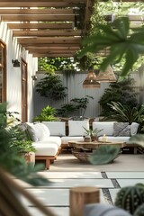 Modern outdoor living space, featuring green plants and wooden furniture