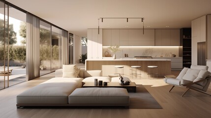 A modern minimalist home interior design with clean lines, sleek furniture, and neutral color palette, featuring an open-concept living space connected to a spacious kitchen, bathed in natural light.