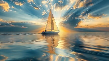   A sailboat painted in the ocean under the sun, with sunlight filtering through the clouds above