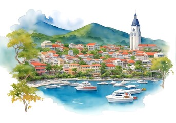 Grenada Country Landscape Watercolor Illustration Art - obrazy, fototapety, plakaty