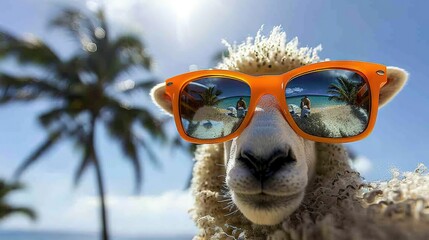 Obraz premium A sheep wearing sunglasses, reflected in water