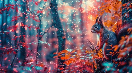   Squirrel on tree branch in forest with red and green leaves