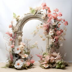 french floral arrangement – dubede flower, in the style of life-sized installations, naturalistic yet surreal, arched doorways, pastel dreamscapes.