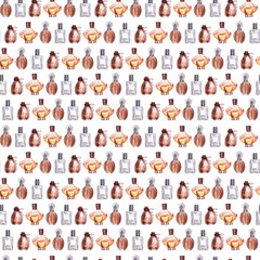 Watercolor seamless pattern with various perfume bottles and cosmetics