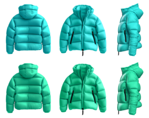 2 Set of turquoise blue green Down puffer padded quilted hoodie hooded parka jacket, front back side view on transparent cutout PNG file. Mockup template for artwork design
