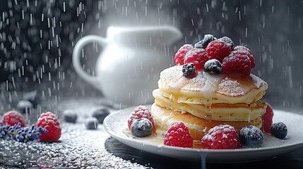   A plate of pancakes topped with raspberries and blueberries, surrounded by a cup of coffee