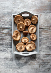 Raw shiitake mushrooms in a tray