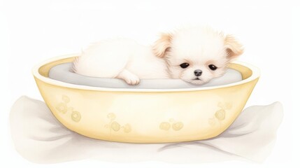 teacup puppy napping in a tiny bed