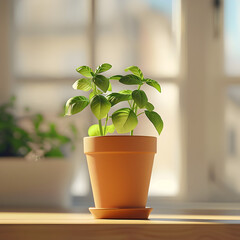 Fototapeta premium Minimalistic Potted Herb on Kitchen Window Sill Backdrop for Advertising and Social Media
