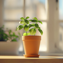 Minimalistic Potted Herb on Kitchen Window Sill Backdrop for Advertising and Social Media