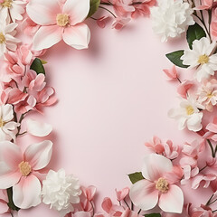 white background pink floral art border, copy space
