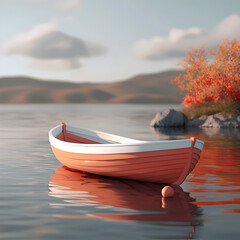 Peaceful Autumn Boat on Serene Lake Landscape with Vibrant Foliage Reflected in Calm Waters