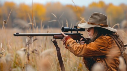 Fototapeta premium A woman is holding a rifle and wearing a hat while standing in a field