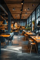 Cozy coffee shop with simple wooden floors and a modern design