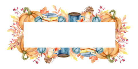 Cozy autumn watercolor frame with pumpkins, books, cup of tea and colorful leaves. Orange vegetables, blue mug. Banner for harvest season invitation, greeting card, fall decor, home decoration