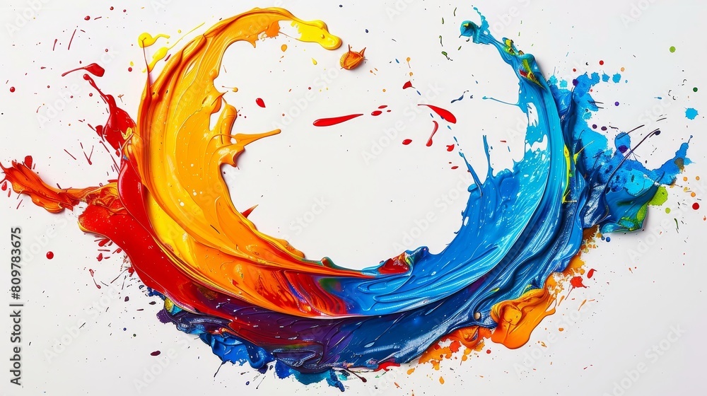 Poster a mesmerizing pattern of colorful paint splashes arranged in a crescent formation