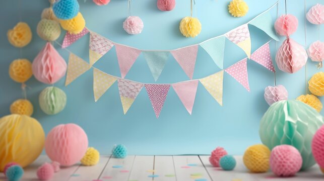Joyful Cake Smash Backdrop with Colorful Bunting, Paper Pompoms, and Pastel Decorations