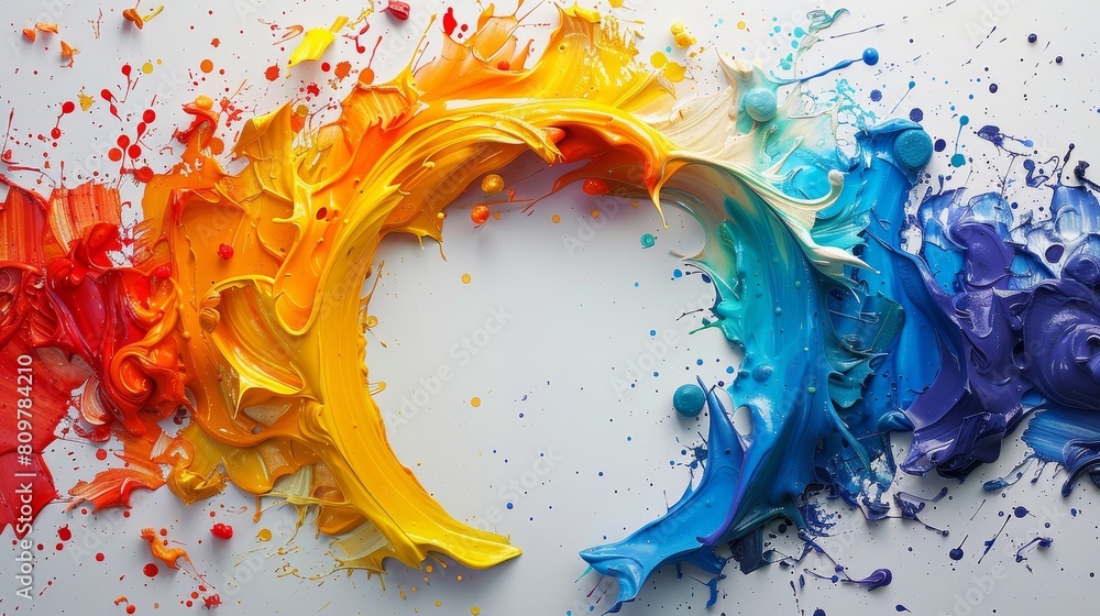 Poster a striking composition of colorful paint splashes arranged in a crescent pattern