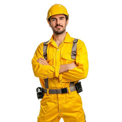 Smiling construction worker in Yellow Hardhat and Overalls Standing with Confidence on transparent background