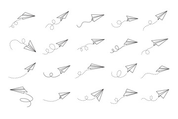 Hand drawn doodle paper plane set. isolated planes flight path. Line airplane icon travel, route. 
