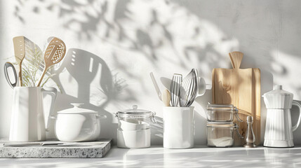 Different kitchen utensils on table near light wall