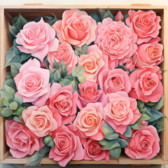 a close up picture of crate full of pink rose, view from the top, watercolour illustration.