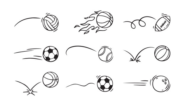  Doodle sport ball trajectory bounce collection. Line hand drawn balls set